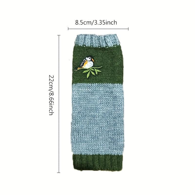 Embroidered Bird Knit Fingerless Gloves Vintage Style