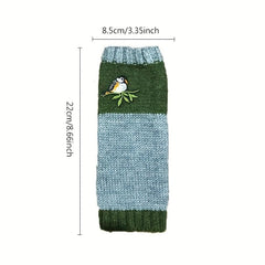 Embroidered Bird Knit Fingerless Gloves Vintage Style