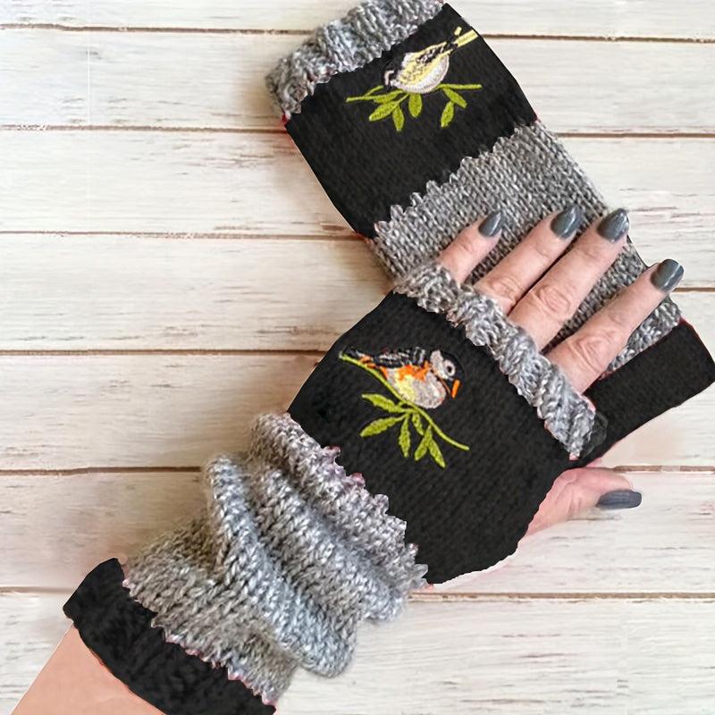 Embroidered Bird Knit Fingerless Gloves Vintage Style