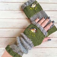 Embroidered Bird Knit Fingerless Gloves Vintage Style