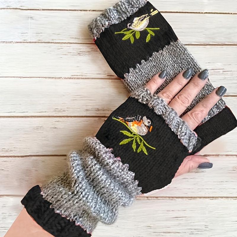 Embroidered Bird Knit Fingerless Gloves Vintage Style
