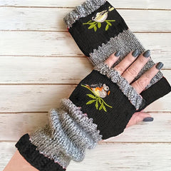 Embroidered Bird Knit Fingerless Gloves Vintage Style