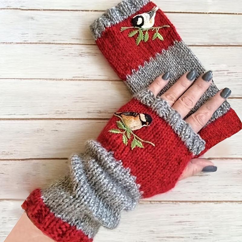 Embroidered Bird Knit Fingerless Gloves Vintage Style