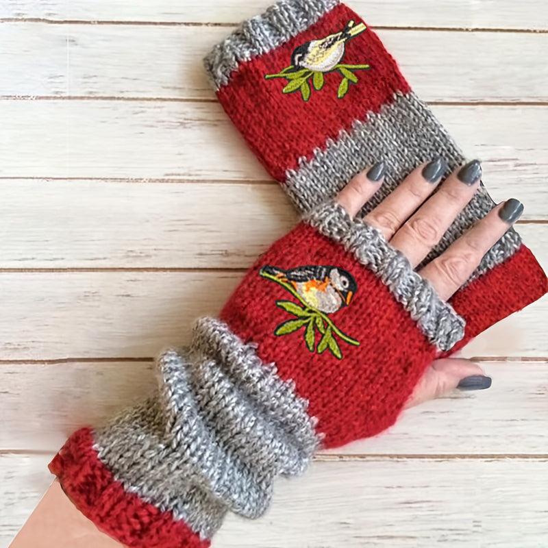 Embroidered Bird Knit Fingerless Gloves Vintage Style