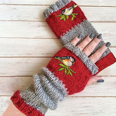 Embroidered Bird Knit Fingerless Gloves Vintage Style