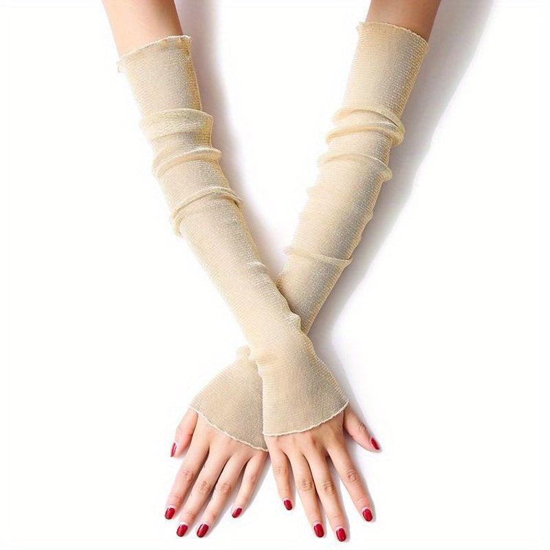 Glitter Mesh Sunscreen Long Gloves Fingerless for Women