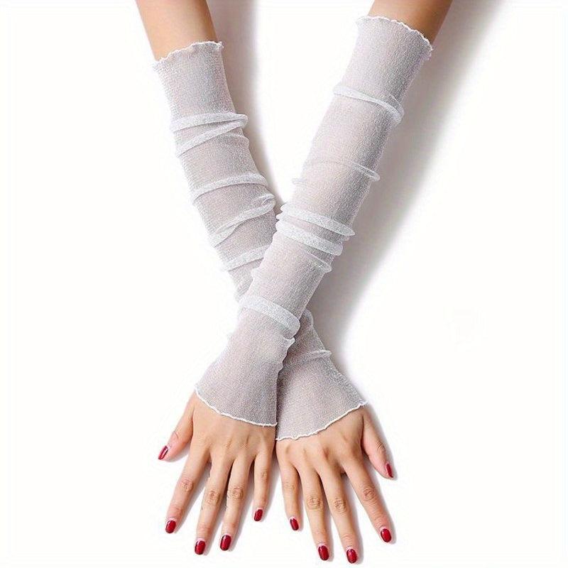Glitter Mesh Sunscreen Long Gloves Fingerless for Women