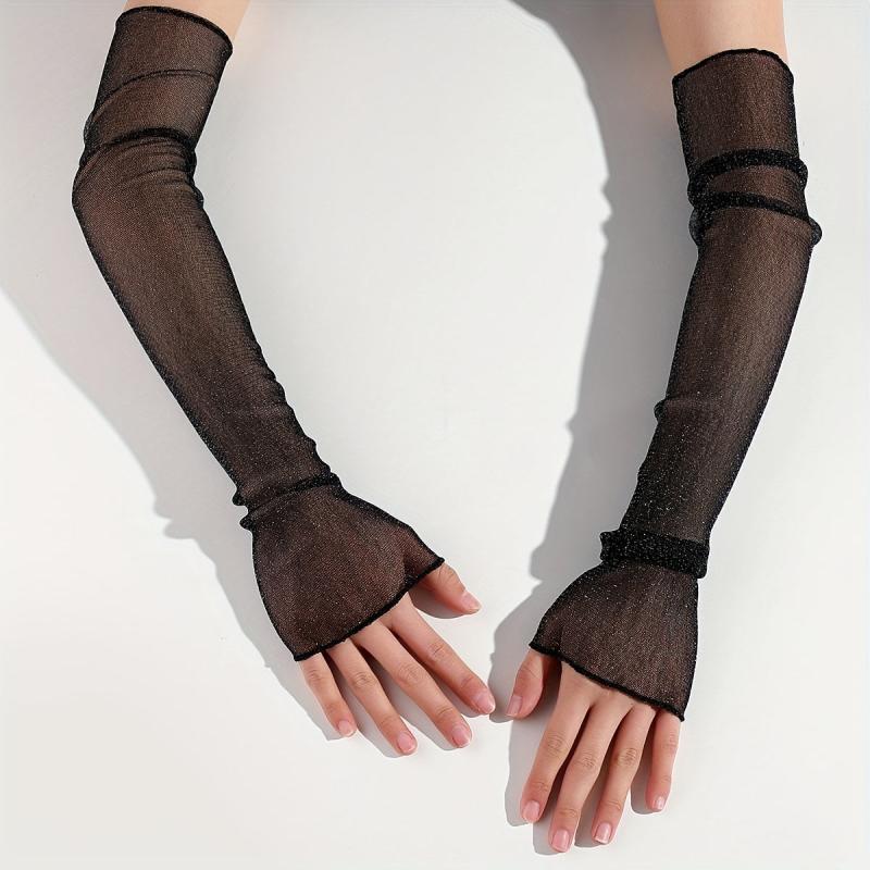 Glitter Mesh Sunscreen Long Gloves Fingerless for Women