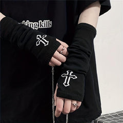Goth Cross Jacquard Fingerless Gloves with Chain Tassel