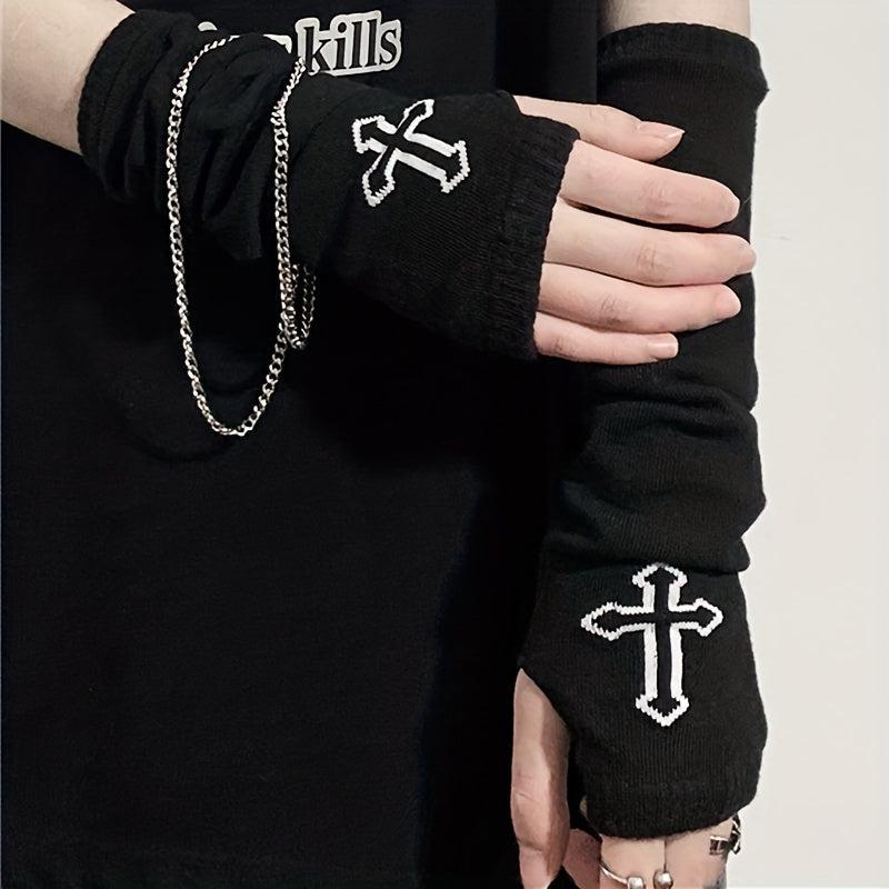 Goth Cross Jacquard Fingerless Gloves with Chain Tassel