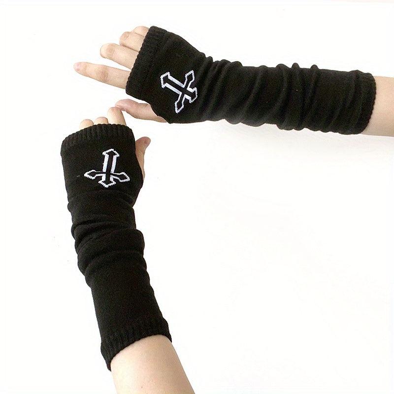 Goth Cross Jacquard Fingerless Gloves with Chain Tassel
