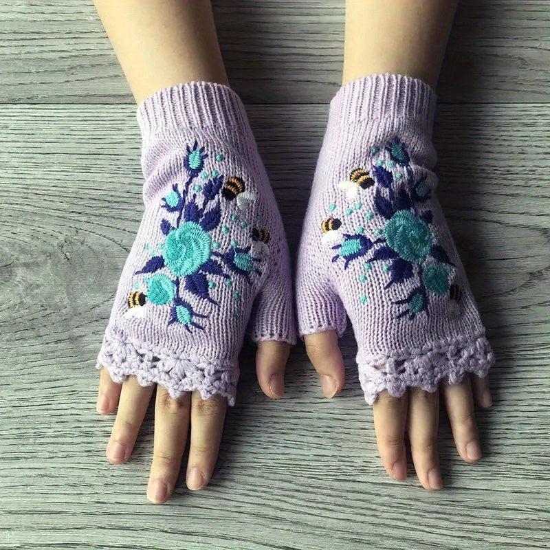 Knitted Embroider Gloves Warm Fingerless Gloves