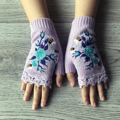 Knitted Embroider Gloves Warm Fingerless Gloves