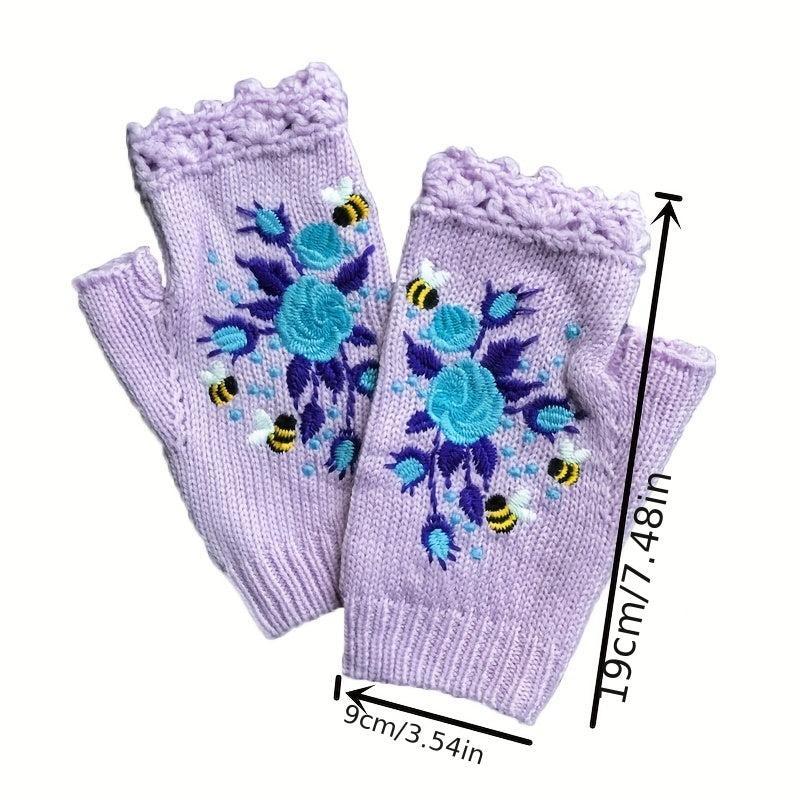 Knitted Embroider Gloves Warm Fingerless Gloves