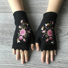 Knitted Embroider Gloves Warm Fingerless Gloves