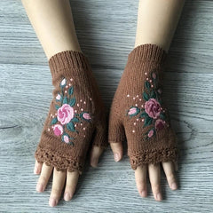 Knitted Embroider Gloves Warm Fingerless Gloves