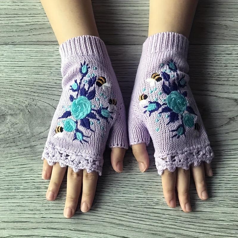 Knitted Embroider Gloves Warm Fingerless Gloves