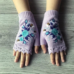 Knitted Embroider Gloves Warm Fingerless Gloves