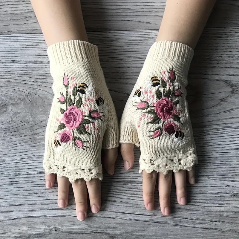 Knitted Embroider Gloves Warm Fingerless Gloves