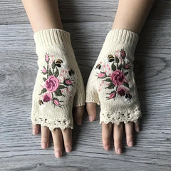Knitted Embroider Gloves Warm Fingerless Gloves