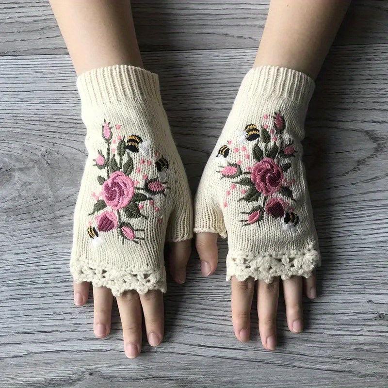 Knitted Embroider Gloves Warm Fingerless Gloves