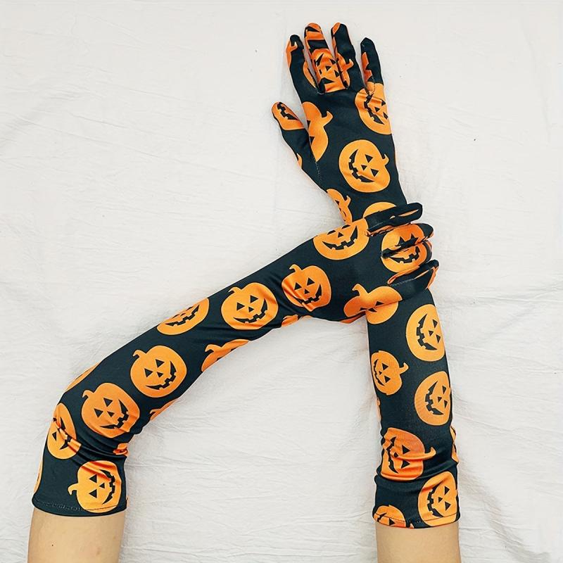 Cartoon Pumpkin Print Long Gloves Anime Halloween Gloves Unisex Vintage Cosplay