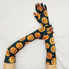Cartoon Pumpkin Print Long Gloves Anime Halloween Gloves Unisex Vintage Cosplay