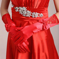 Bowknot Satin Long Gloves Lace Embroidery Classic Wedding Dress Gloves