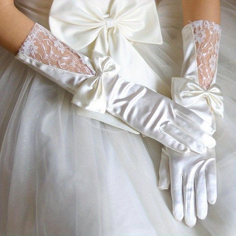 Bowknot Satin Long Gloves Lace Embroidery Classic Wedding Dress Gloves