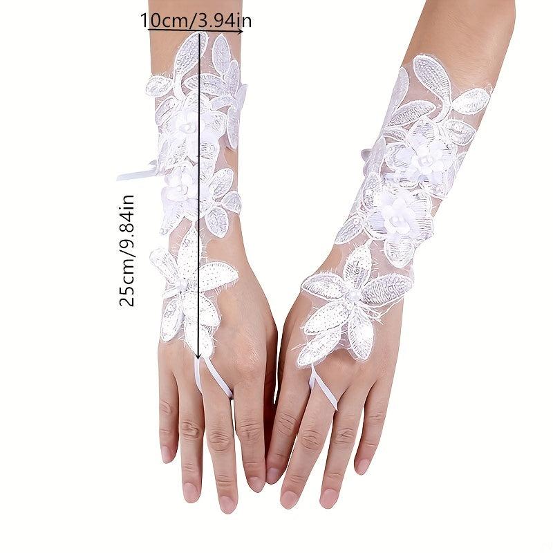 Lace Petal Pearl Gloves Crochet Fingerless Gloves Wedding Dress Decorative