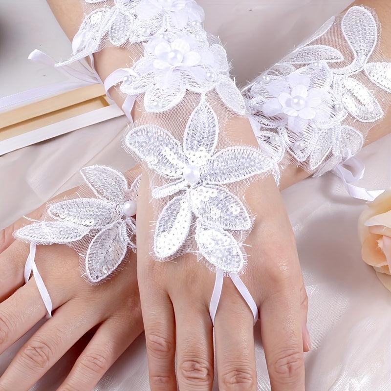Lace Petal Pearl Gloves Crochet Fingerless Gloves Wedding Dress Decorative