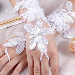 Lace Petal Pearl Gloves Crochet Fingerless Gloves Wedding Dress Decorative