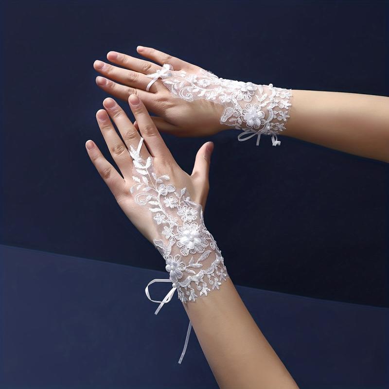 Flower Embroidery Short Gloves Rhinestone Pearl Fingerless Gloves