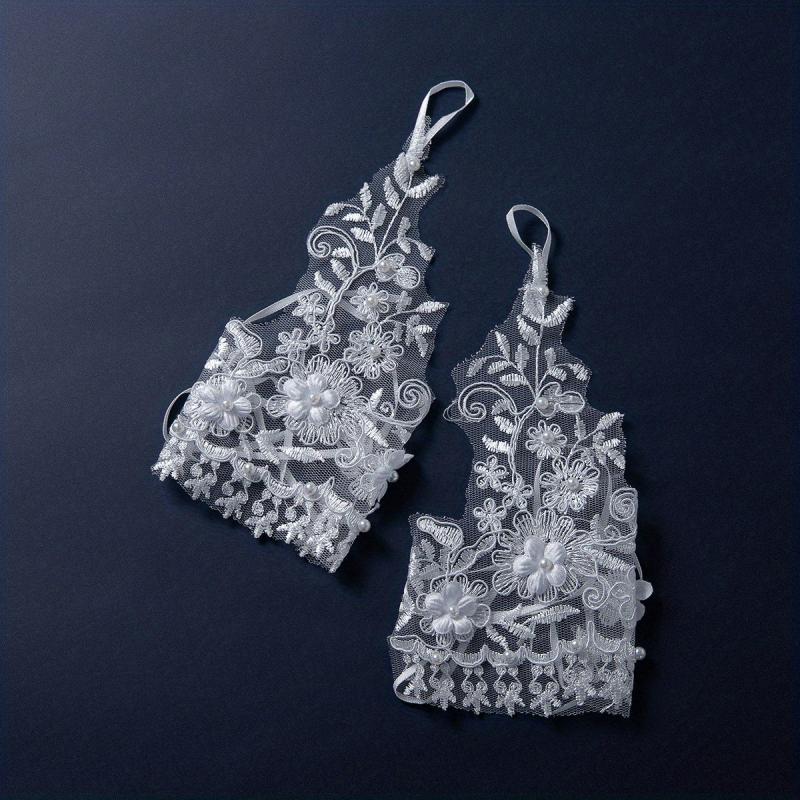 Flower Embroidery Short Gloves Rhinestone Pearl Fingerless Gloves