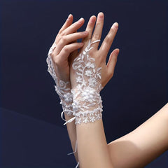 Flower Embroidery Short Gloves Rhinestone Pearl Fingerless Gloves