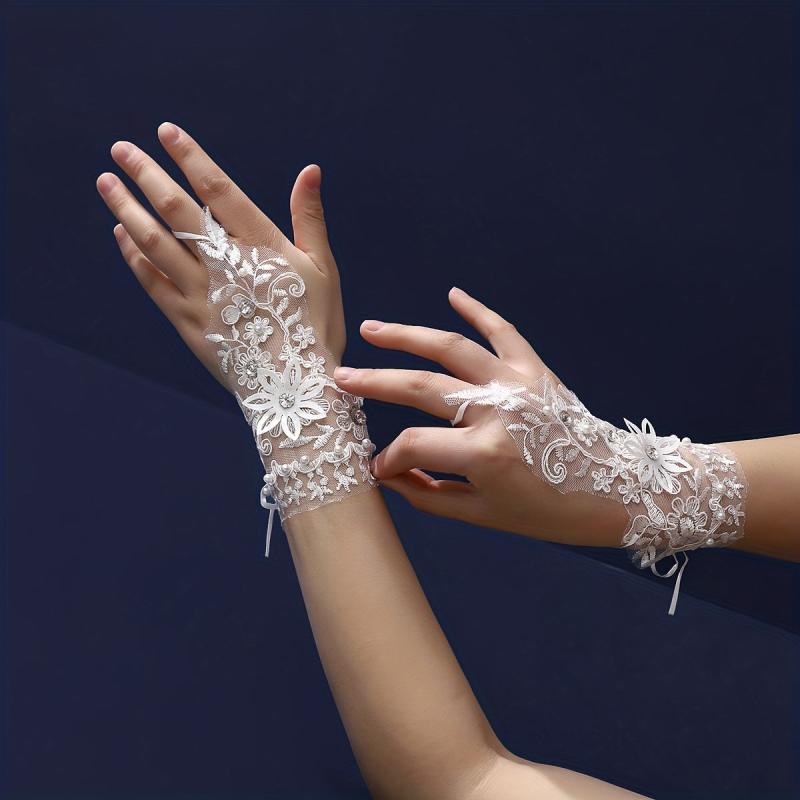 Flower Embroidery Short Gloves Rhinestone Pearl Fingerless Gloves