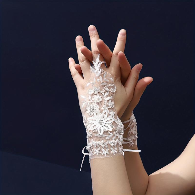 Flower Embroidery Short Gloves Rhinestone Pearl Fingerless Gloves