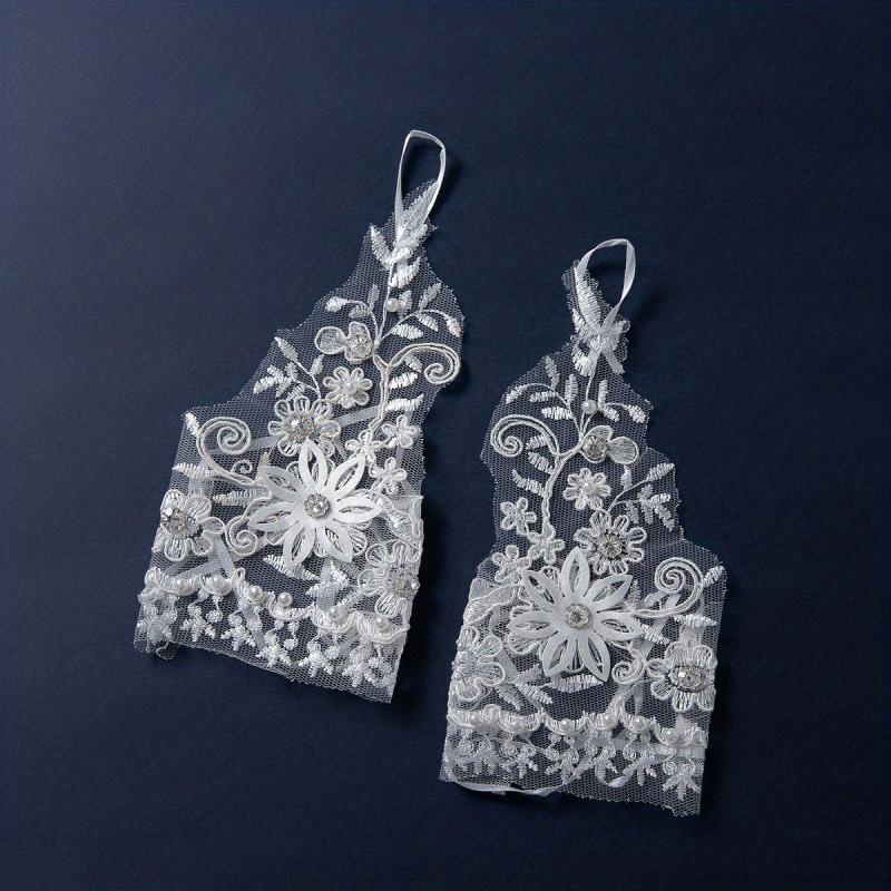 Flower Embroidery Short Gloves Rhinestone Pearl Fingerless Gloves