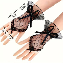 Sweet Bow Lace Gloves Solid Mesh Fingerless Gloves