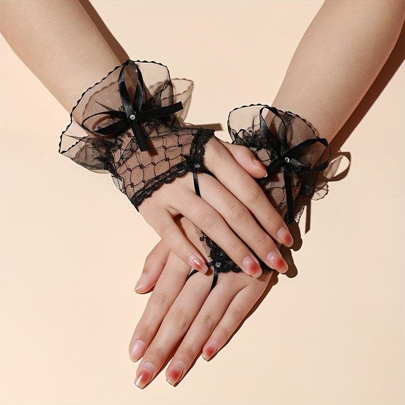 Sweet Bow Lace Gloves Solid Mesh Fingerless Gloves