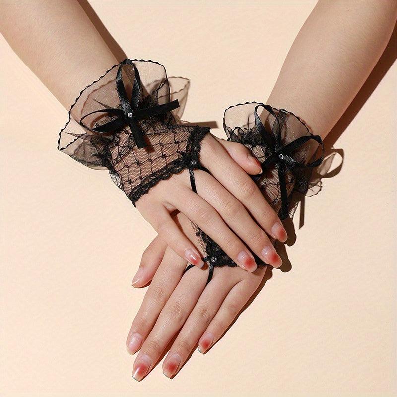 Sweet Bow Lace Gloves Solid Mesh Fingerless Gloves