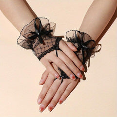 Sweet Bow Lace Gloves Solid Mesh Fingerless Gloves