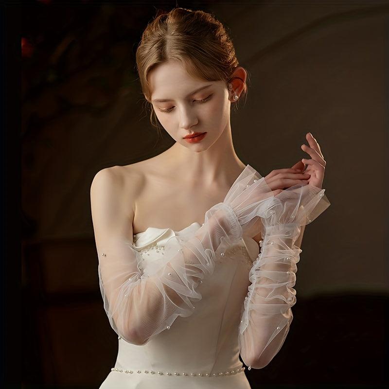 Beaded Mesh Veil Sleeve Fingerless Sleeve For Wedding Bridal