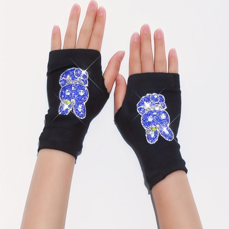 Rhinestone Rabbit Decor Y2K Fingerless Gloves