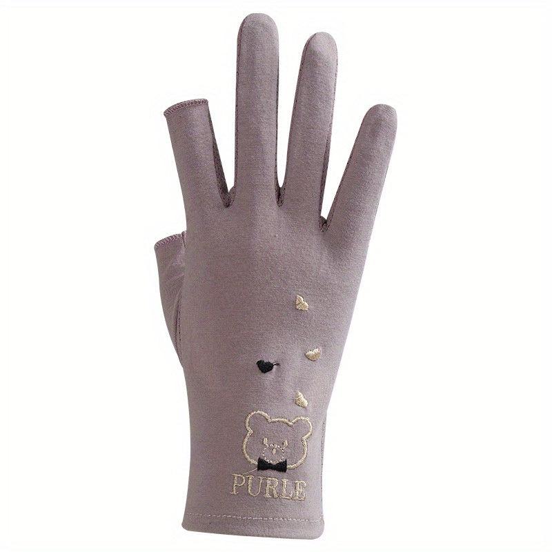 Bear Embroidery Fingerless Gloves for Women