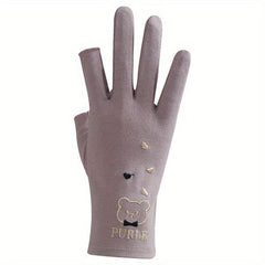 Bear Embroidery Fingerless Gloves for Women