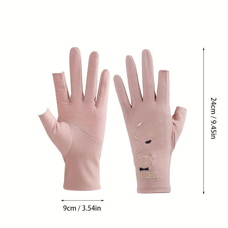 Bear Embroidery Fingerless Gloves for Women
