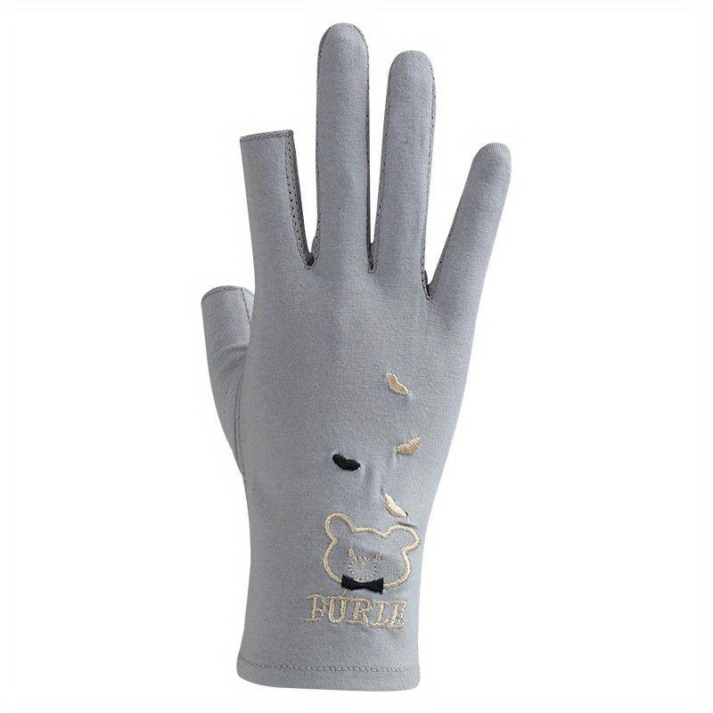 Bear Embroidery Fingerless Gloves for Women