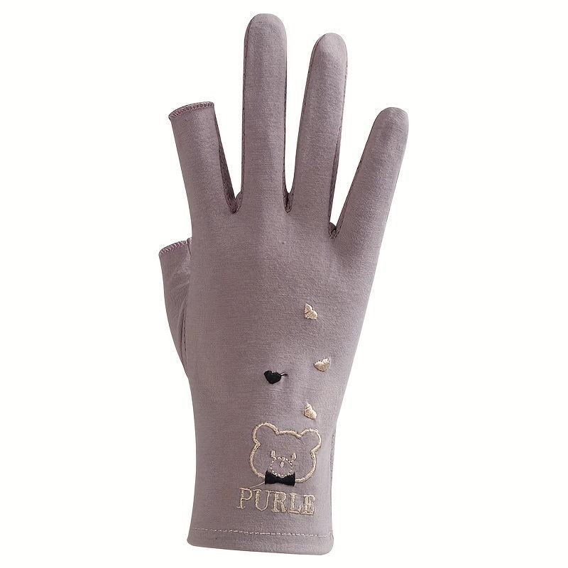 Bear Embroidery Fingerless Gloves for Women