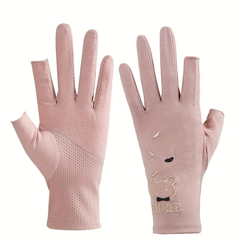 Bear Embroidery Fingerless Gloves for Women